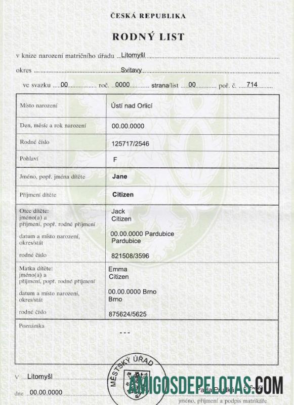 Imprimível modelo totalmente editável de certidão de nascimento tcheca em formato PSD
